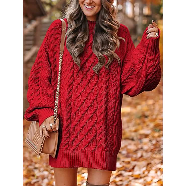 Damen Rundhals Langarm Oversized Zopfstrick Grobstrick Pullover Kurze Strickkleider