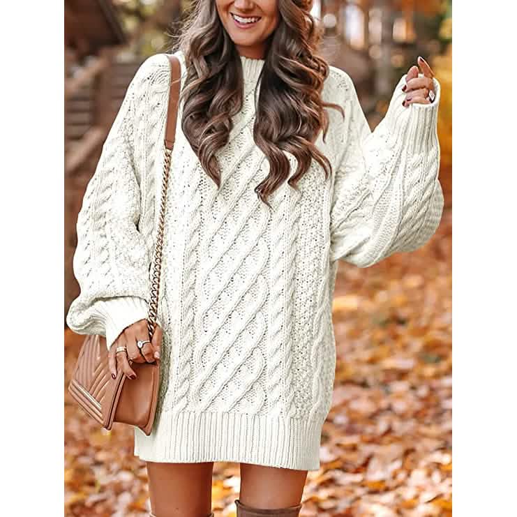 Damen Rundhals Langarm Oversized Zopfstrick Grobstrick Pullover Kurze Strickkleider