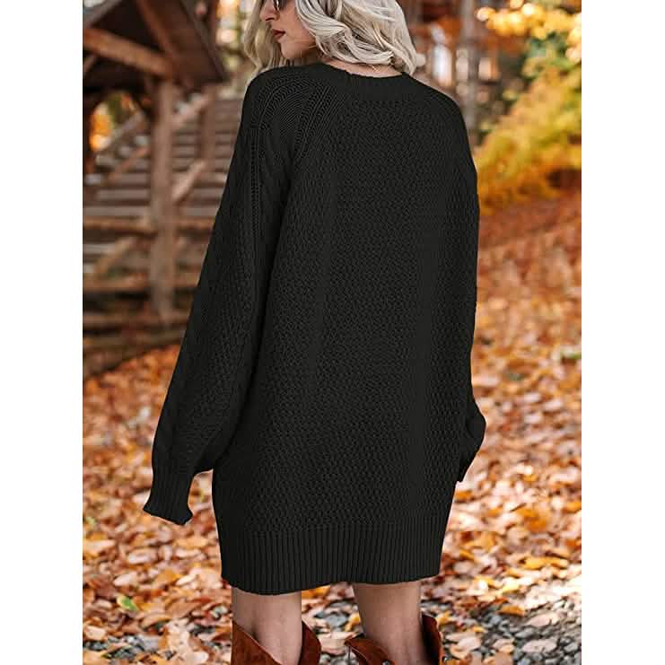 Damen Rundhals Langarm Oversized Zopfstrick Grobstrick Pullover Kurze Strickkleider
