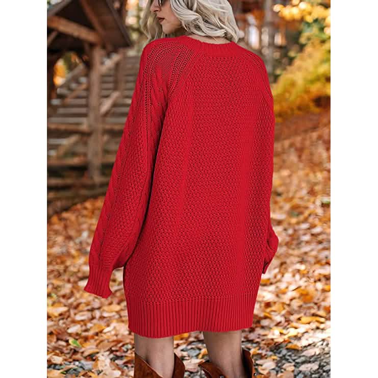 Damen Rundhals Langarm Oversized Zopfstrick Grobstrick Pullover Kurze Strickkleider