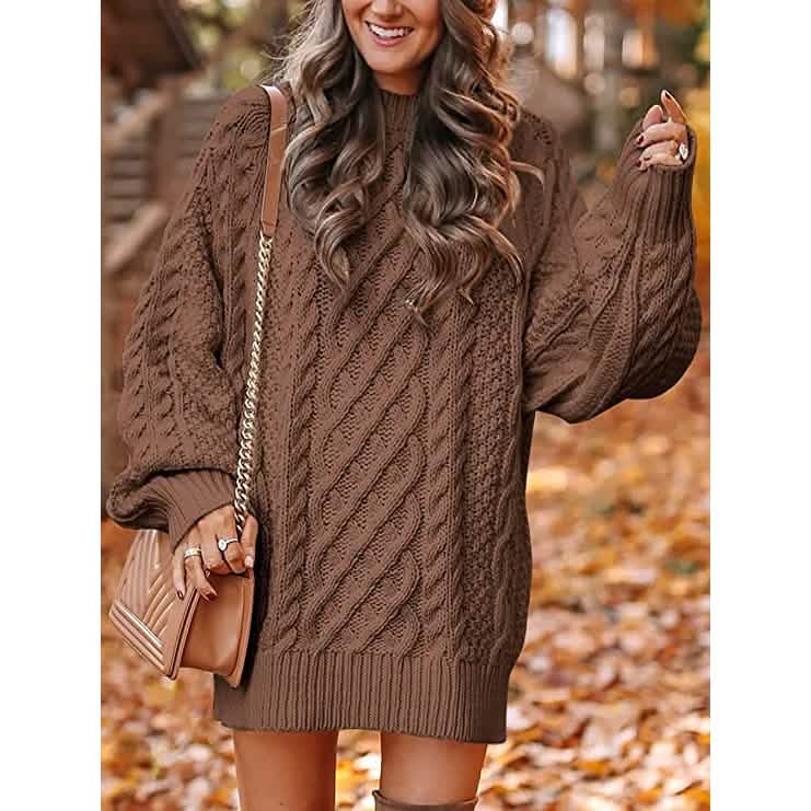 Damen Rundhals Langarm Oversized Zopfstrick Grobstrick Pullover Kurze Strickkleider