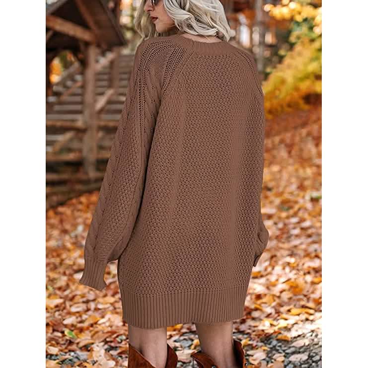 Damen Rundhals Langarm Oversized Zopfstrick Grobstrick Pullover Kurze Strickkleider