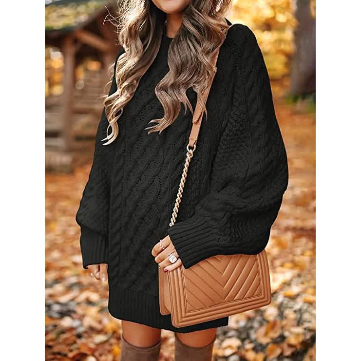 Damen Rundhals Langarm Oversized Zopfstrick Grobstrick Pullover Kurze Strickkleider
