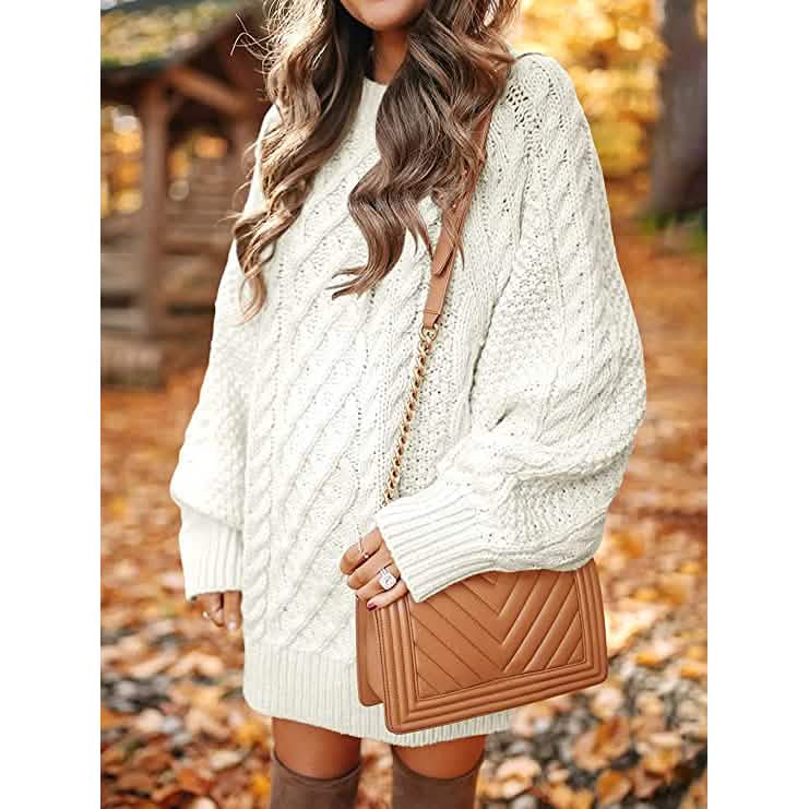 Damen Rundhals Langarm Oversized Zopfstrick Grobstrick Pullover Kurze Strickkleider