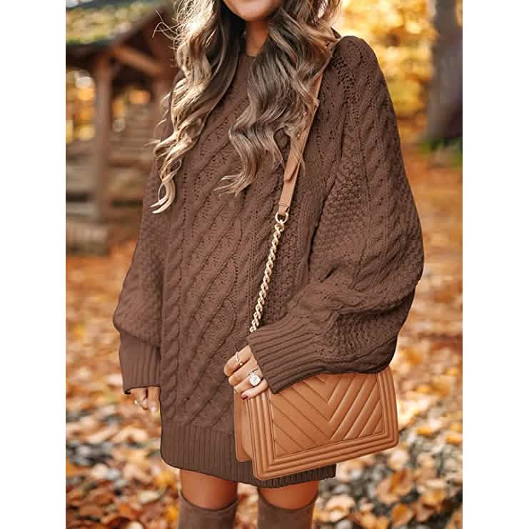 Damen Rundhals Langarm Oversized Zopfstrick Grobstrick Pullover Kurze Strickkleider