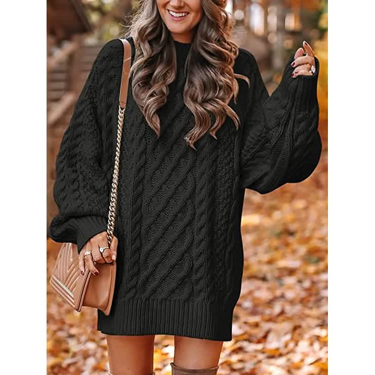 Damen Rundhals Langarm Oversized Zopfstrick Grobstrick Pullover Kurze Strickkleider