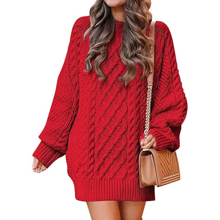 Damen Rundhals Langarm Oversized Zopfstrick Grobstrick Pullover Kurze Strickkleider