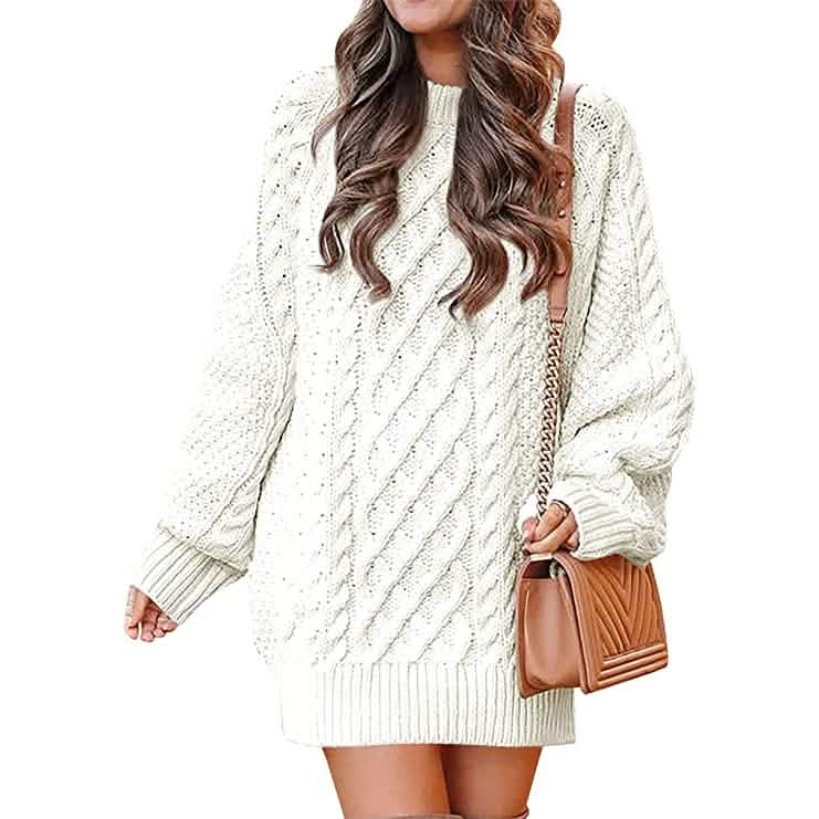 Damen Rundhals Langarm Oversized Zopfstrick Grobstrick Pullover Kurze Strickkleider