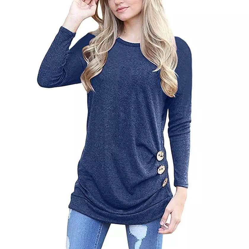 Damen Elegante Langarm Rundhals Locker Bluse Oberteile