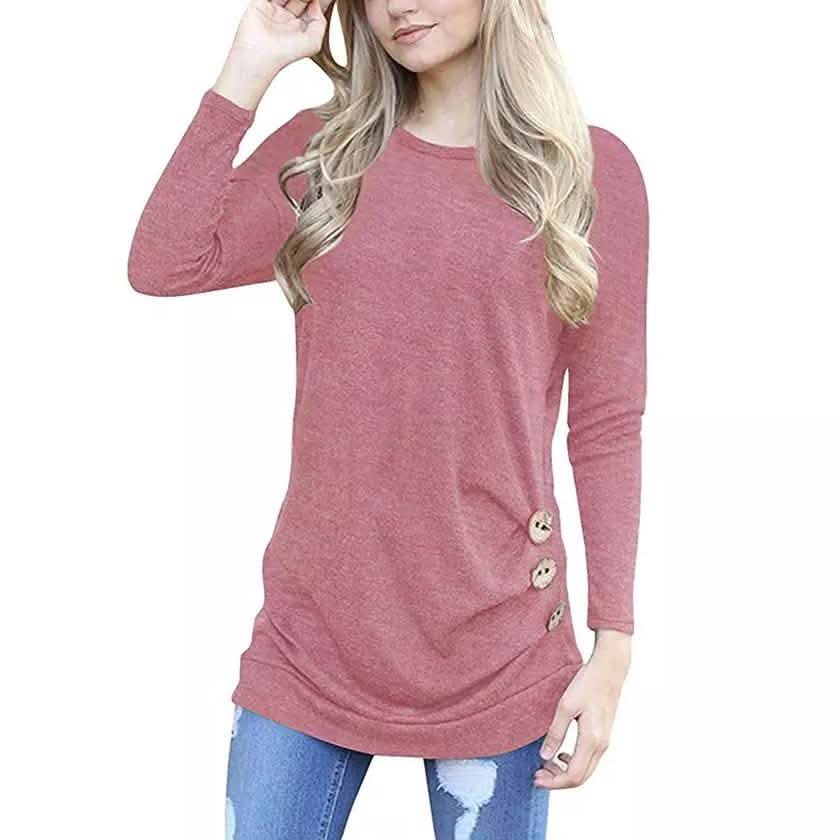Damen Elegante Langarm Rundhals Locker Bluse Oberteile