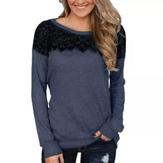 Damenmode Schwarzes Spitzen-Top Langarm Elegant Lässig Sweatshirt Bluse
