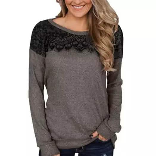 Damenmode Schwarzes Spitzen-Top Langarm Elegant Lässig Sweatshirt Bluse
