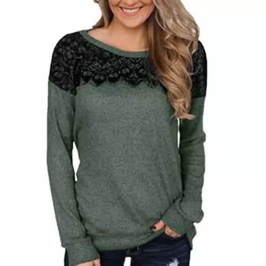 Damenmode Schwarzes Spitzen-Top Langarm Elegant Lässig Sweatshirt Bluse