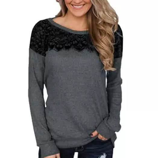 Damenmode Schwarzes Spitzen-Top Langarm Elegant Lässig Sweatshirt Bluse