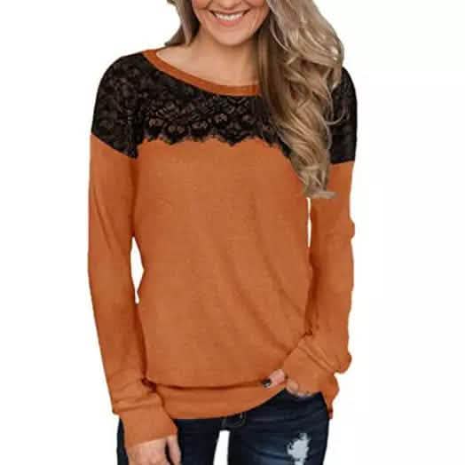 Damenmode Schwarzes Spitzen-Top Langarm Elegant Lässig Sweatshirt Bluse