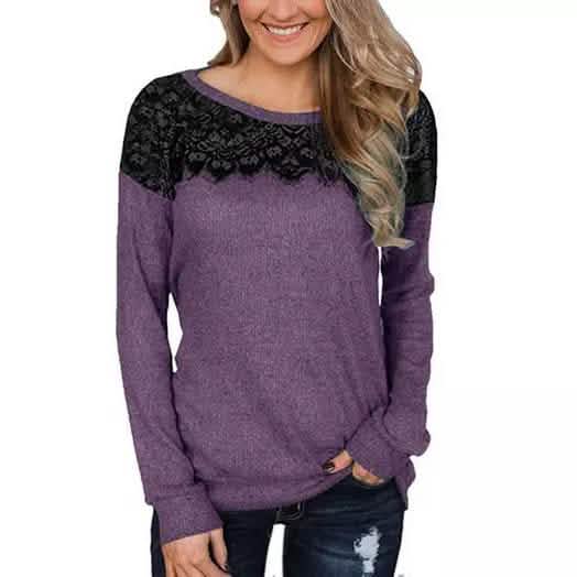 Damenmode Schwarzes Spitzen-Top Langarm Elegant Lässig Sweatshirt Bluse
