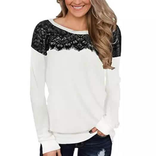 Damenmode Schwarzes Spitzen-Top Langarm Elegant Lässig Sweatshirt Bluse