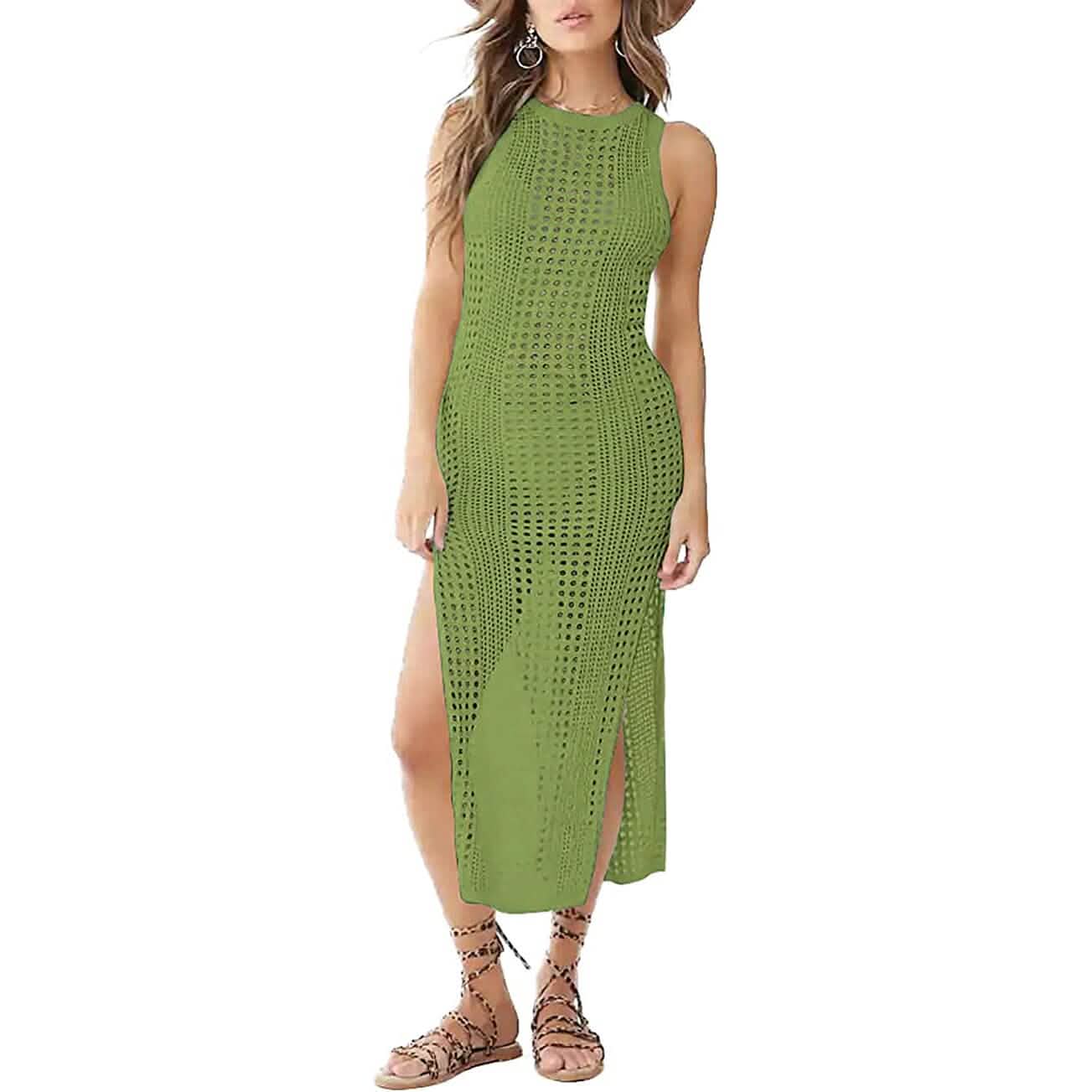 Damen hohles ärmelloses Bikini-Badeanzug-Seiten-Split-langes Strandkleid