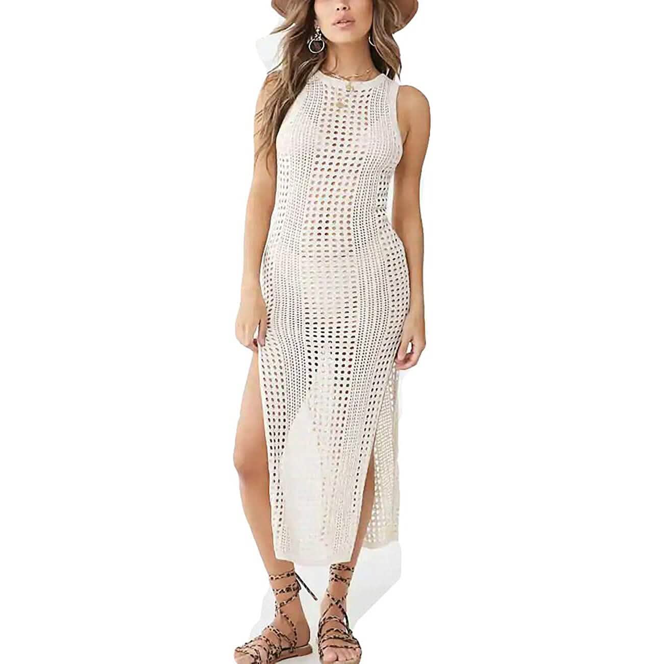 Damen hohles ärmelloses Bikini-Badeanzug-Seiten-Split-langes Strandkleid
