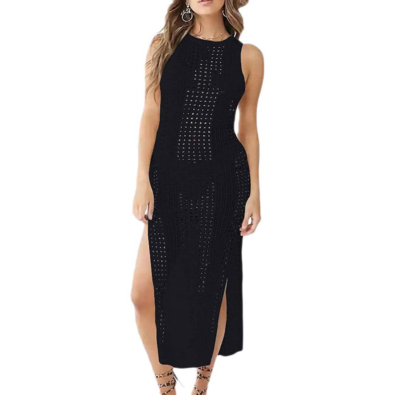 Damen hohles ärmelloses Bikini-Badeanzug-Seiten-Split-langes Strandkleid