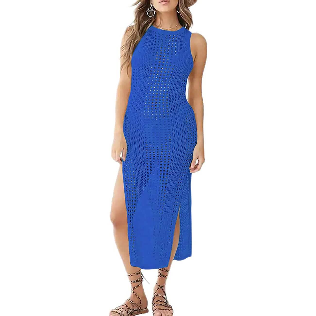 Damen hohles ärmelloses Bikini-Badeanzug-Seiten-Split-langes Strandkleid