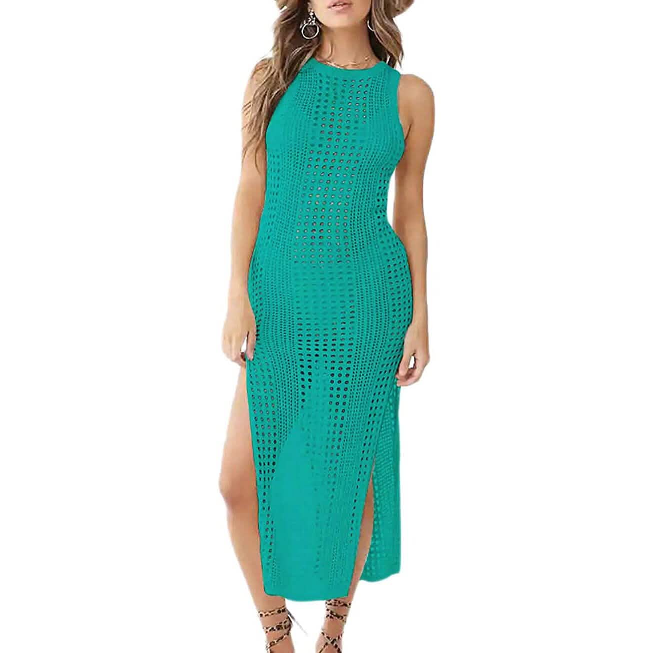 Damen hohles ärmelloses Bikini-Badeanzug-Seiten-Split-langes Strandkleid