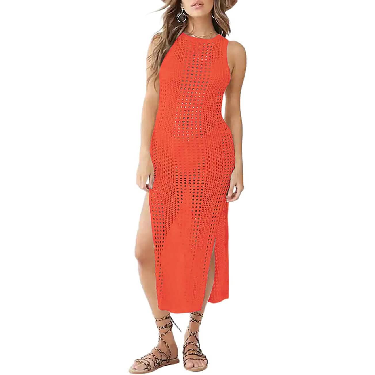 Damen hohles ärmelloses Bikini-Badeanzug-Seiten-Split-langes Strandkleid