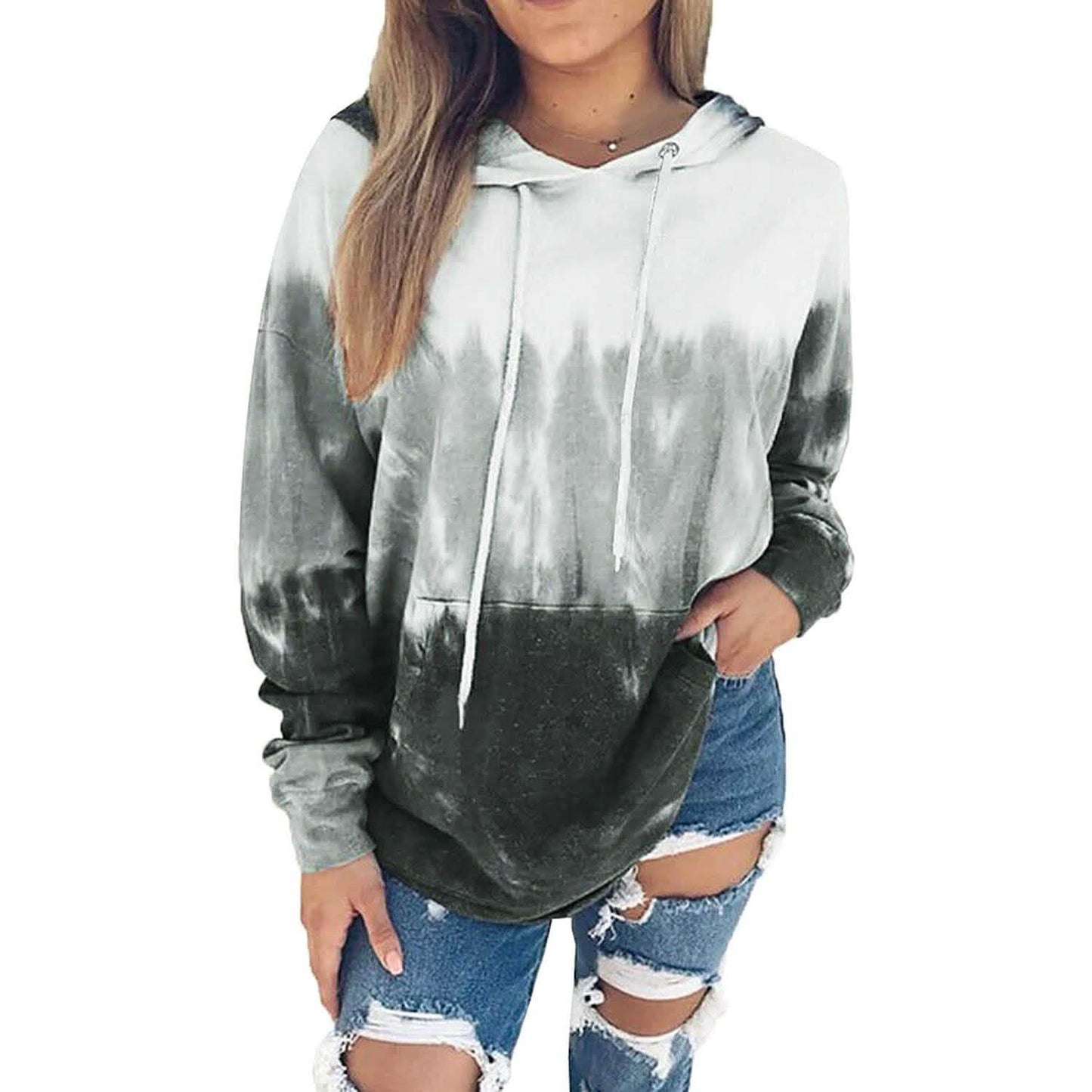 Damen Hoodies Oberteile Batikdruck Langarm Kapuzenpullover mit Kordelzug und Tasche