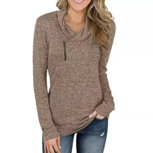 Damen Langarm V-Ausschnitt Reißverschlusskragen Pullover Tunika-Oberteile