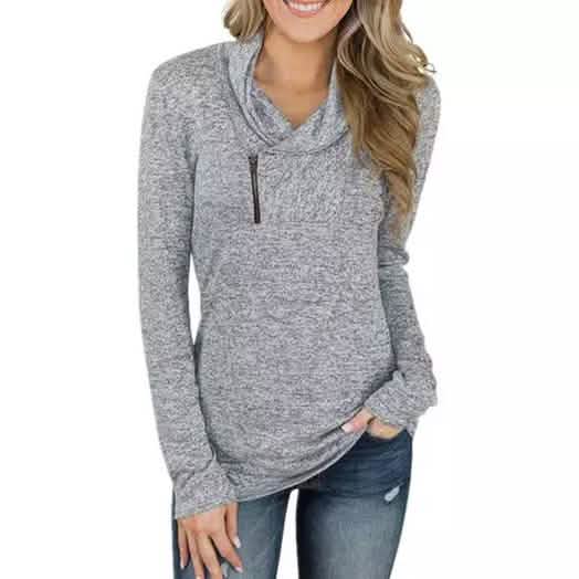 Damen Langarm V-Ausschnitt Reißverschlusskragen Pullover Tunika-Oberteile