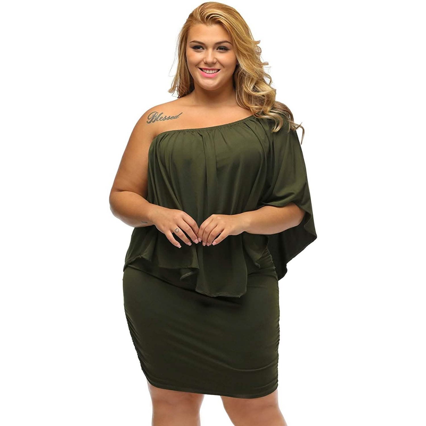 Damen schulterfreies, eng anliegendes Mini-Kleid mit Rüschen