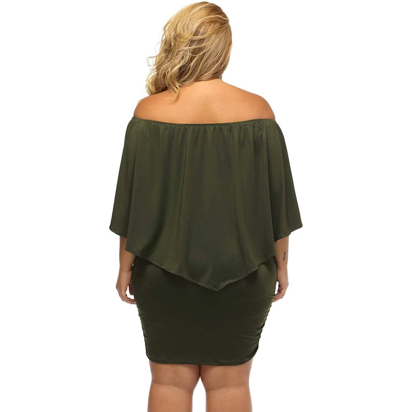 Damen schulterfreies, eng anliegendes Mini-Kleid mit Rüschen