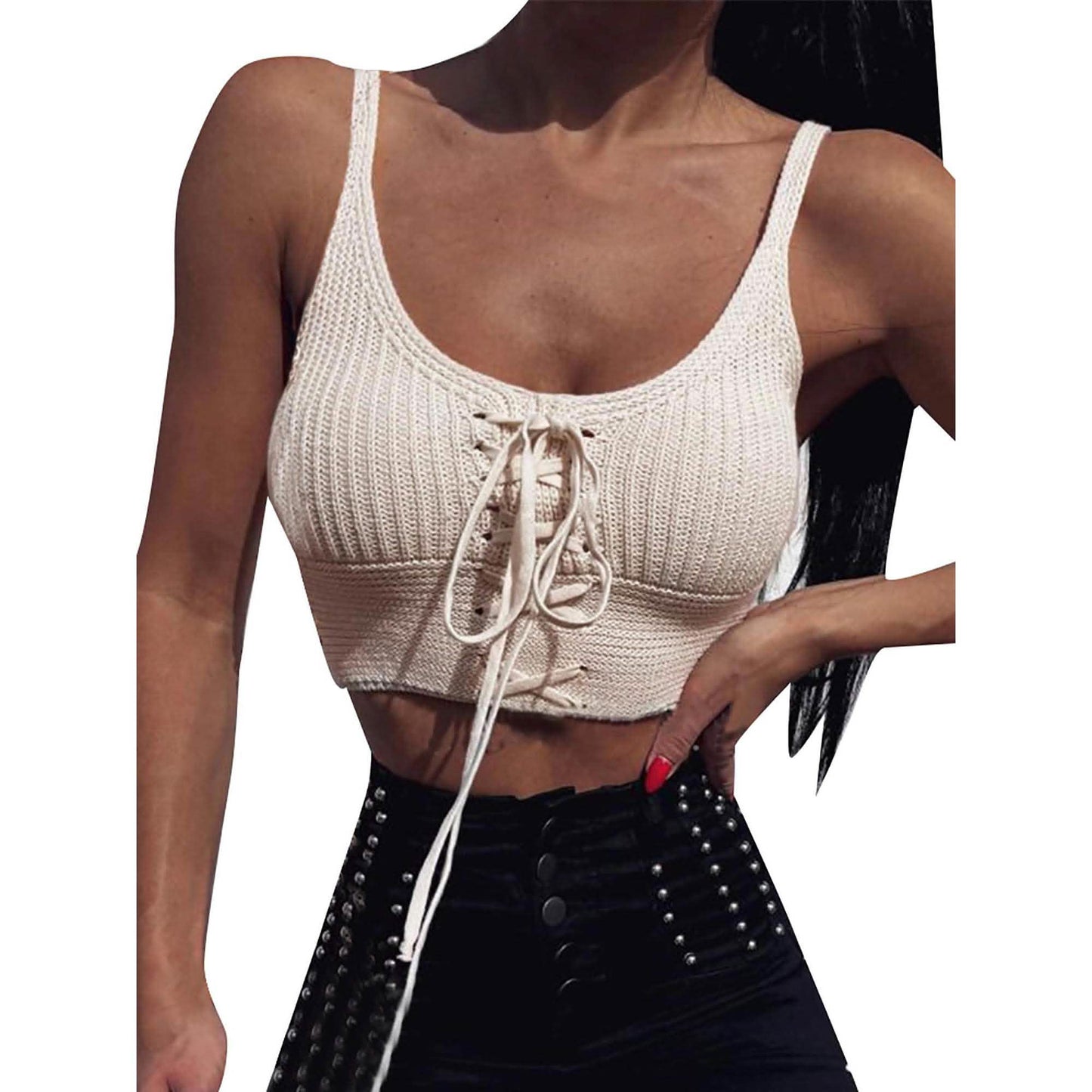 Damen ärmelloses Oberteil, Schnürung, gestricktes Cami-Tanktop, sexy, locker geschnitten, Bluse