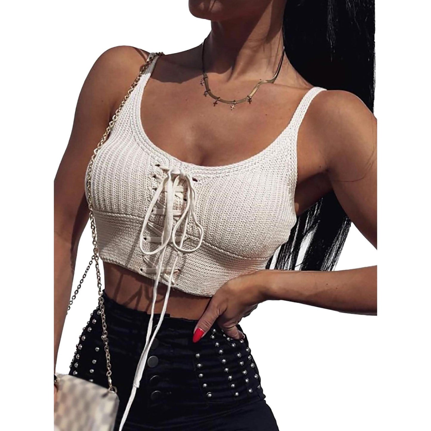 Damen ärmelloses Oberteil, Schnürung, gestricktes Cami-Tanktop, sexy, locker geschnitten, Bluse
