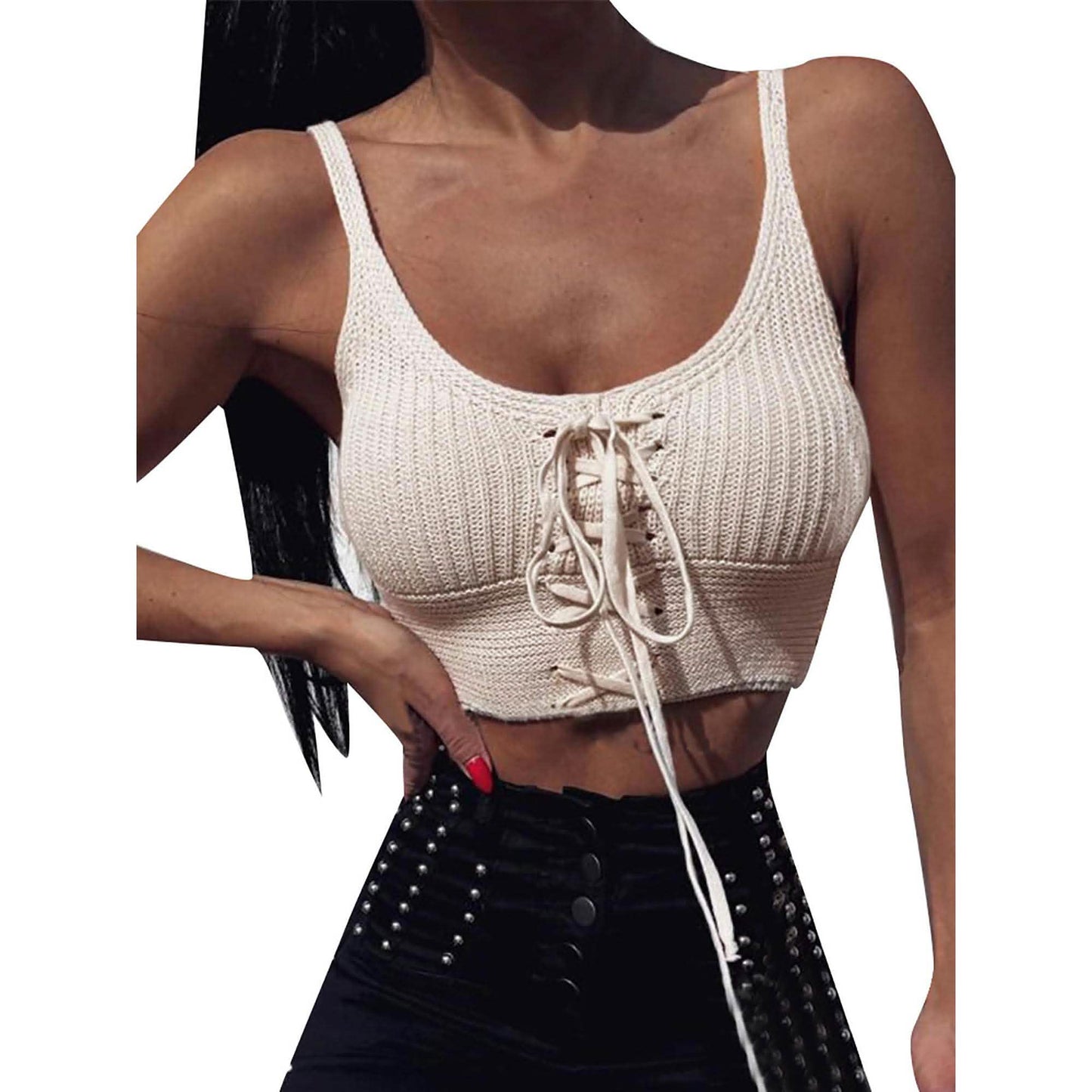 Damen ärmelloses Oberteil, Schnürung, gestricktes Cami-Tanktop, sexy, locker geschnitten, Bluse