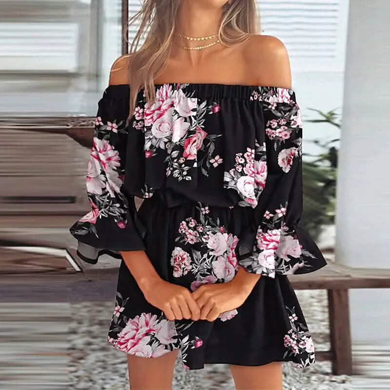 Damen Off-Shoulder Blumenrüschen-Kleid mit 3/4-Ärmeln für Sommer und Frühling