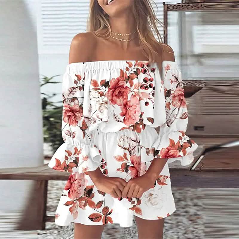 Damen Off-Shoulder Blumenrüschen-Kleid mit 3/4-Ärmeln für Sommer und Frühling