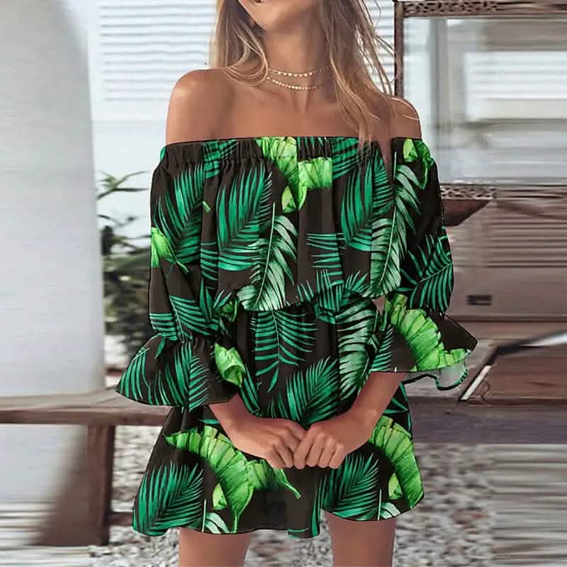 Damen Off-Shoulder Blumenrüschen-Kleid mit 3/4-Ärmeln für Sommer und Frühling
