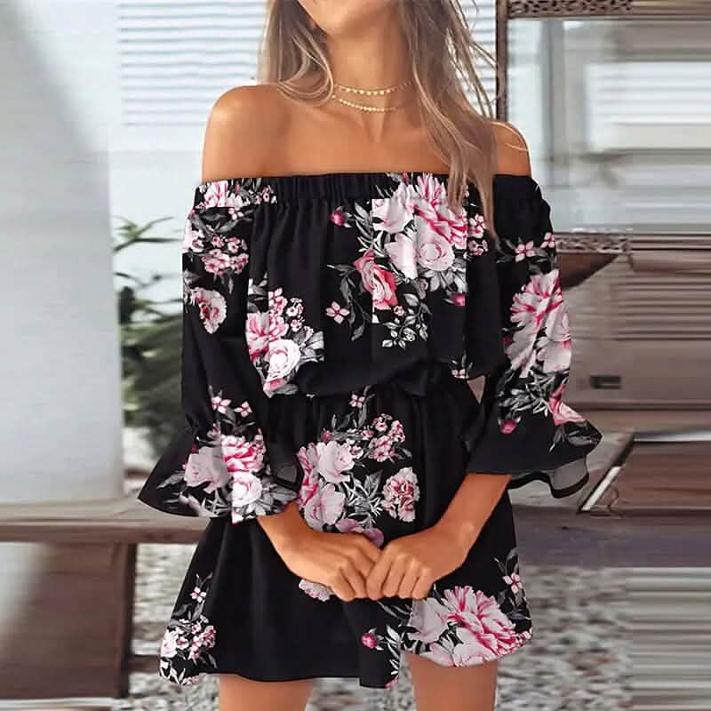 Damen Off-Shoulder Blumenrüschen-Kleid mit 3/4-Ärmeln für Sommer und Frühling