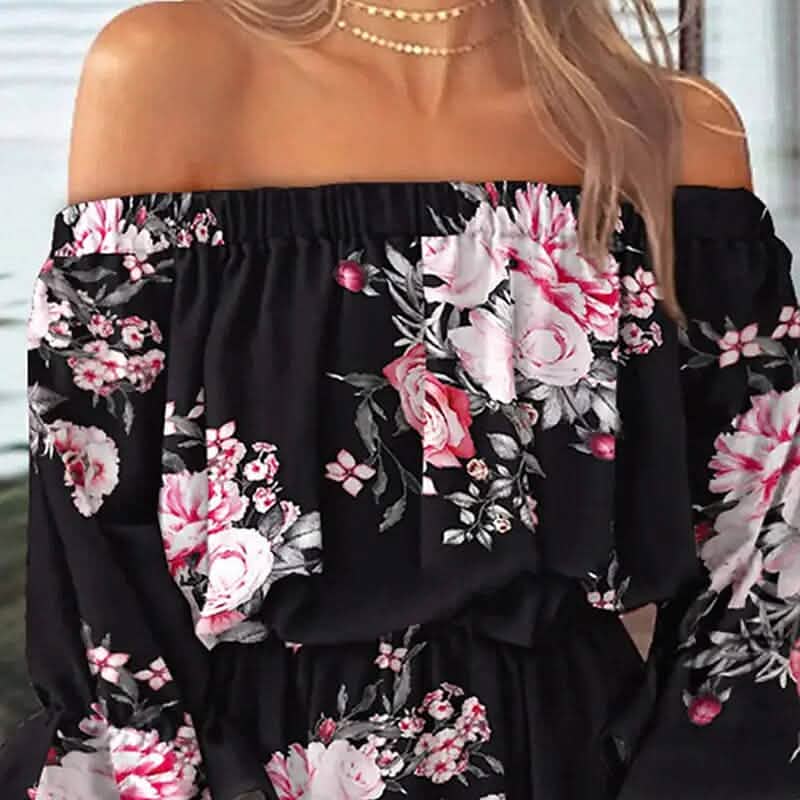 Damen Off-Shoulder Blumenrüschen-Kleid mit 3/4-Ärmeln für Sommer und Frühling