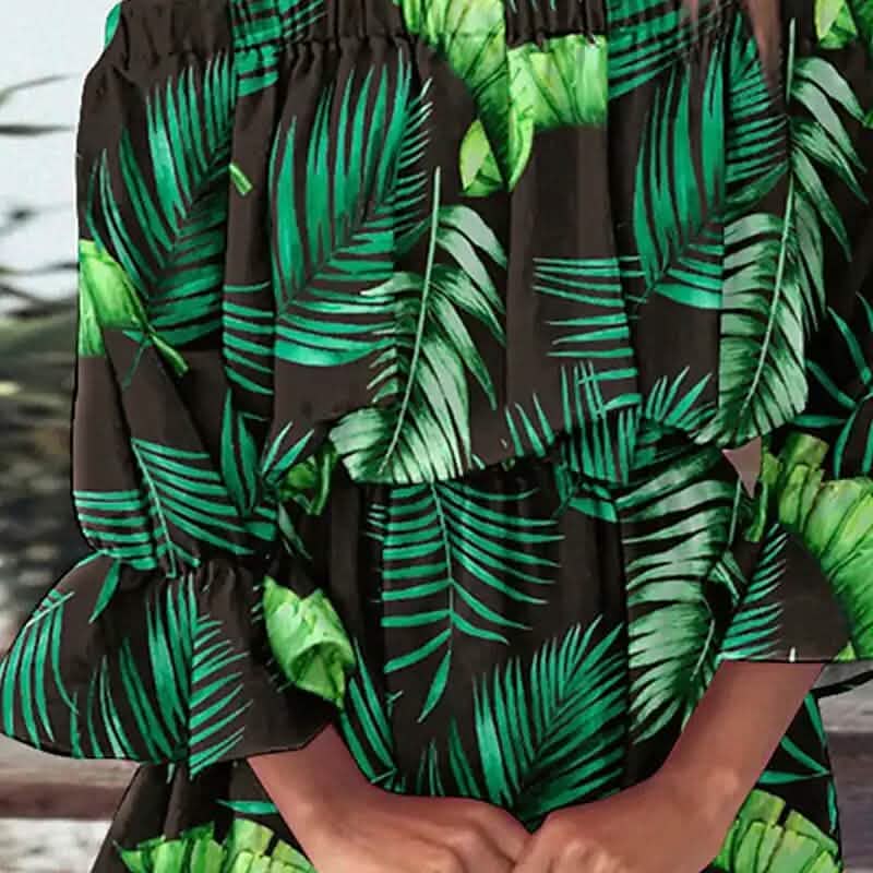 Damen Off-Shoulder Blumenrüschen-Kleid mit 3/4-Ärmeln für Sommer und Frühling