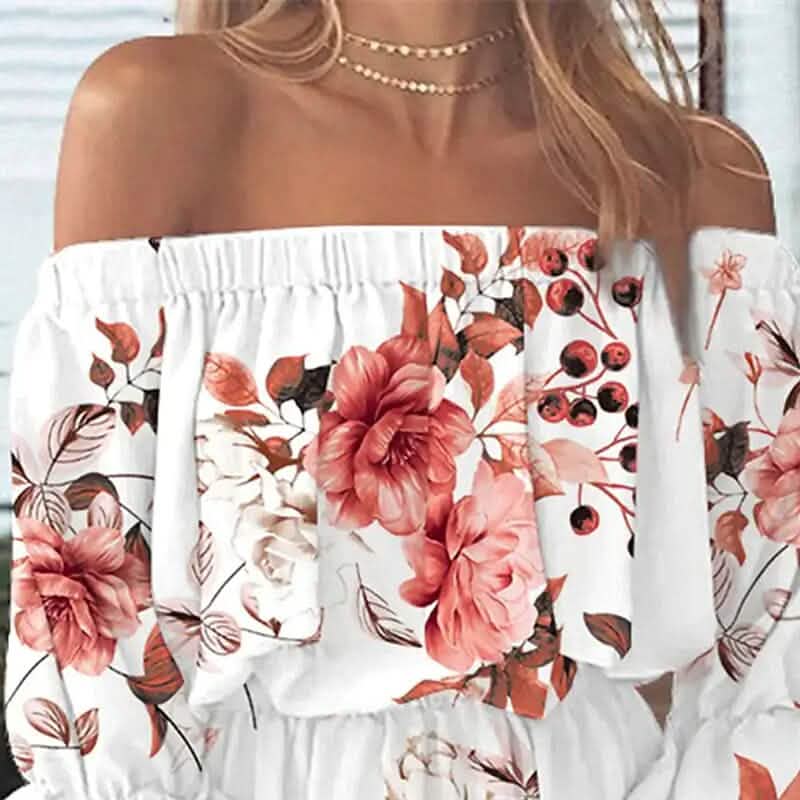 Damen Off-Shoulder Blumenrüschen-Kleid mit 3/4-Ärmeln für Sommer und Frühling