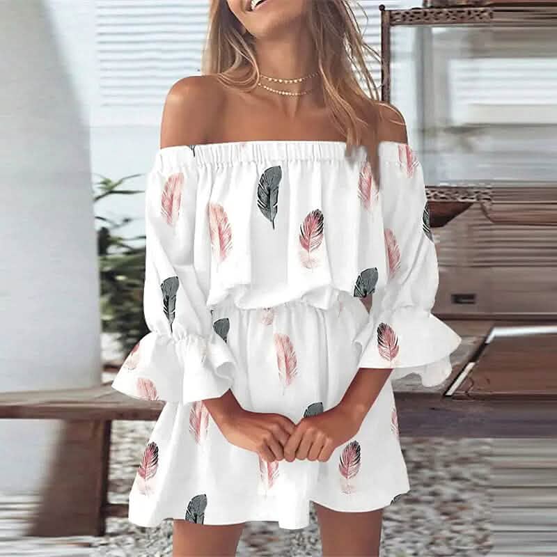 Damen Off-Shoulder Blumenrüschen-Kleid mit 3/4-Ärmeln für Sommer und Frühling