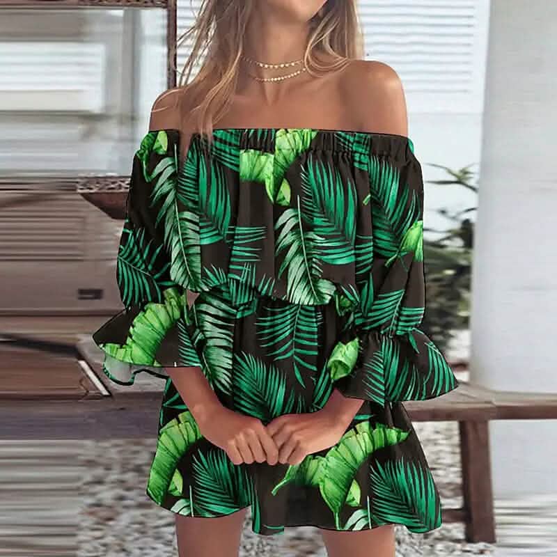 Damen Off-Shoulder Blumenrüschen-Kleid mit 3/4-Ärmeln für Sommer und Frühling