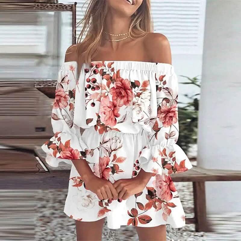 Damen Off-Shoulder Blumenrüschen-Kleid mit 3/4-Ärmeln für Sommer und Frühling