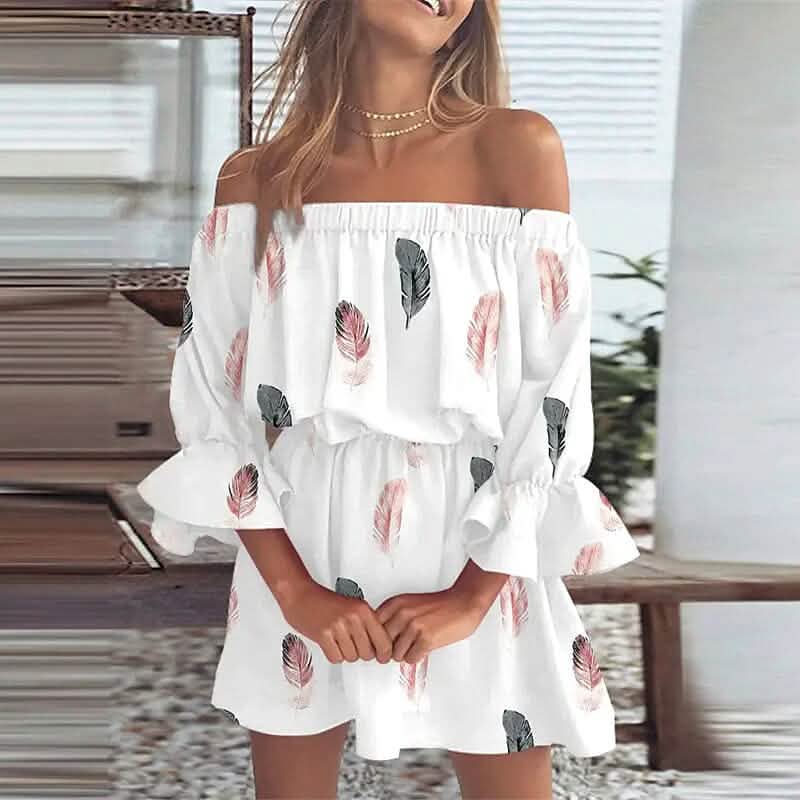 Damen Off-Shoulder Blumenrüschen-Kleid mit 3/4-Ärmeln für Sommer und Frühling