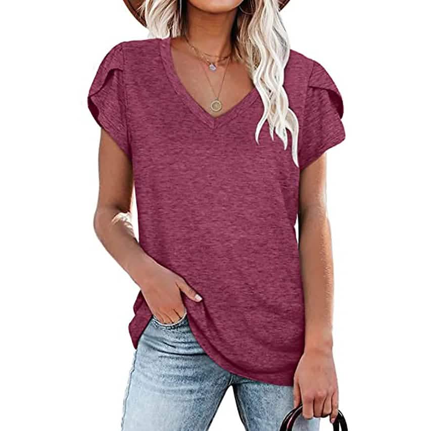 Damen Sport-Freizeit-T-Shirt V-Ausschnitt-Oberteil