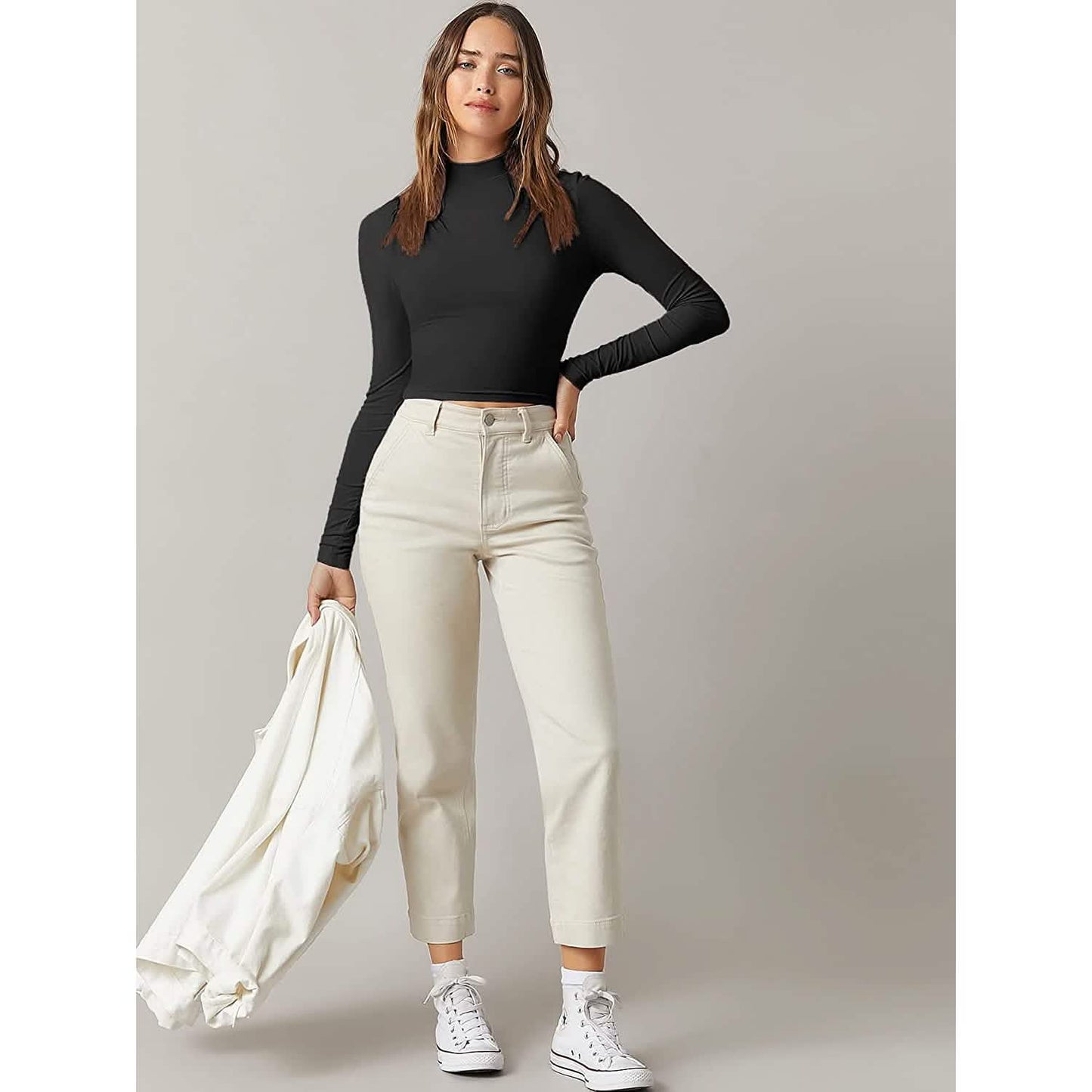 Damen Basic Langarmshirt mit Stehkragen