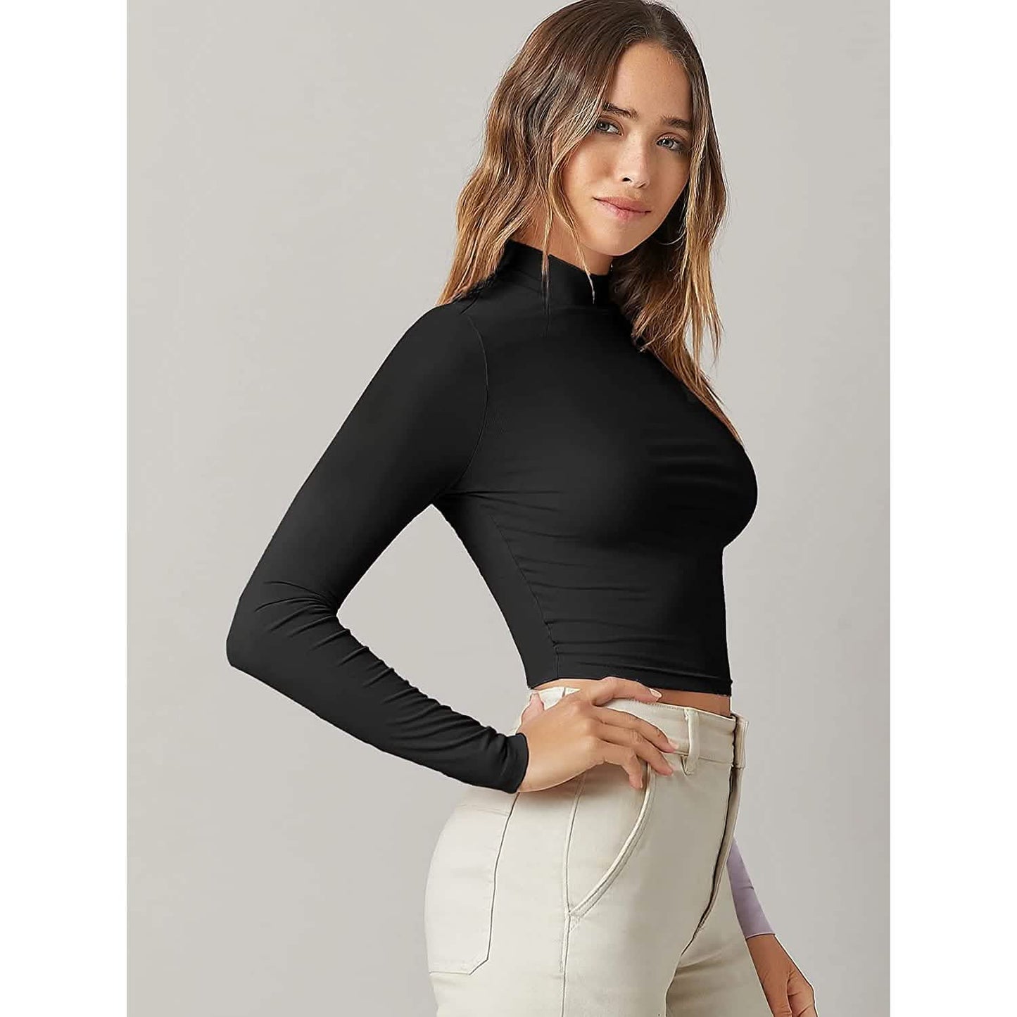 Damen Basic Langarmshirt mit Stehkragen
