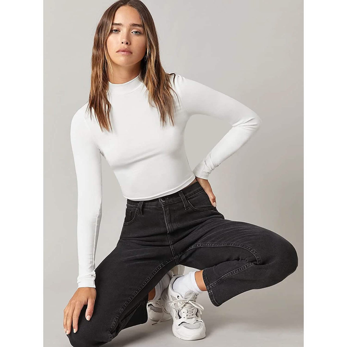 Damen Basic Langarmshirt mit Stehkragen